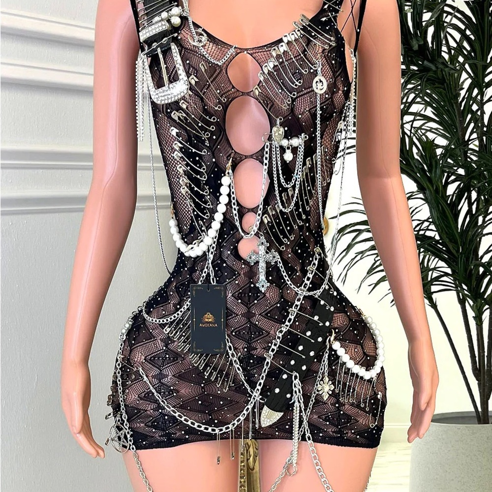 Black and Silver Chain Embellished Dress
